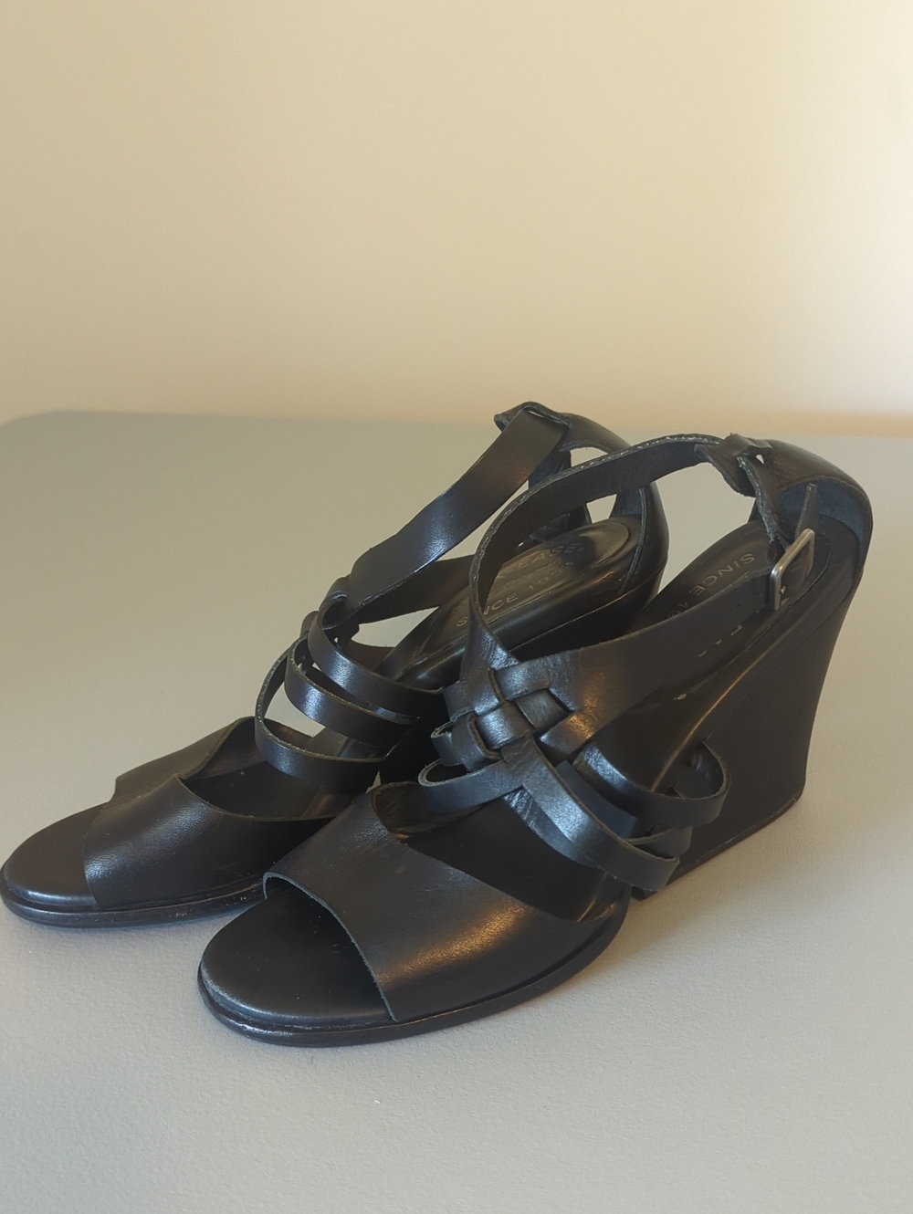 Kirk Ease Adalaid Black Leather Strappy Wedge Sandals - Women's